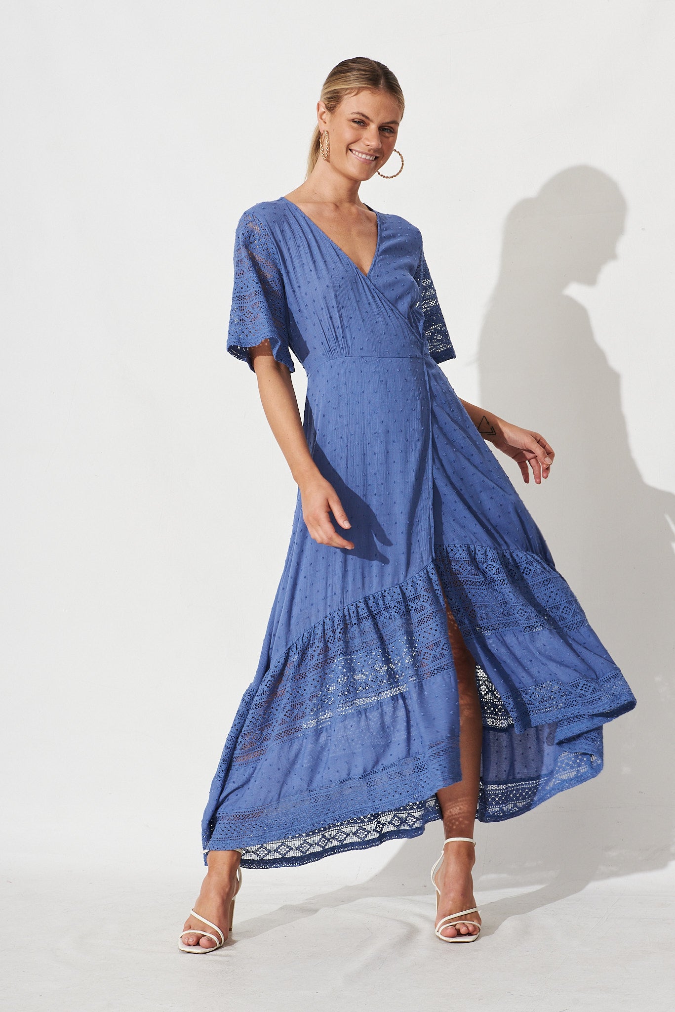 Hanaly Maxi Wrap Dress In Mid Blue Swiss Dot - full length