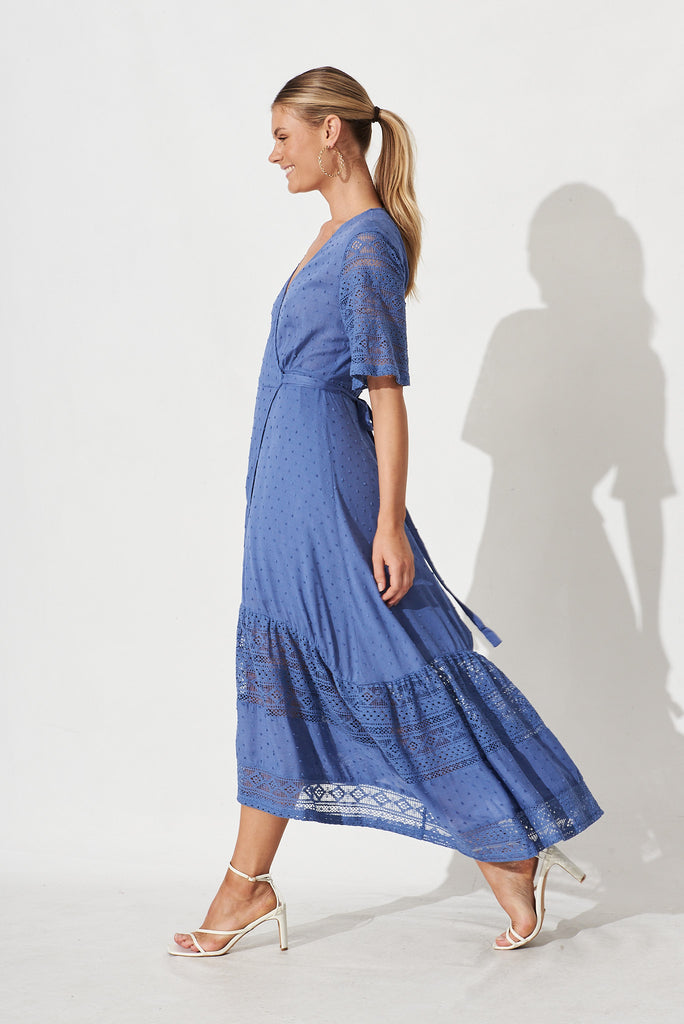 Hanaly Maxi Wrap Dress In Mid Blue Swiss Dot - side