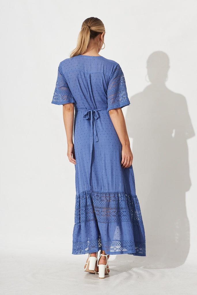 Hanaly Maxi Wrap Dress In Mid Blue Swiss Dot - back