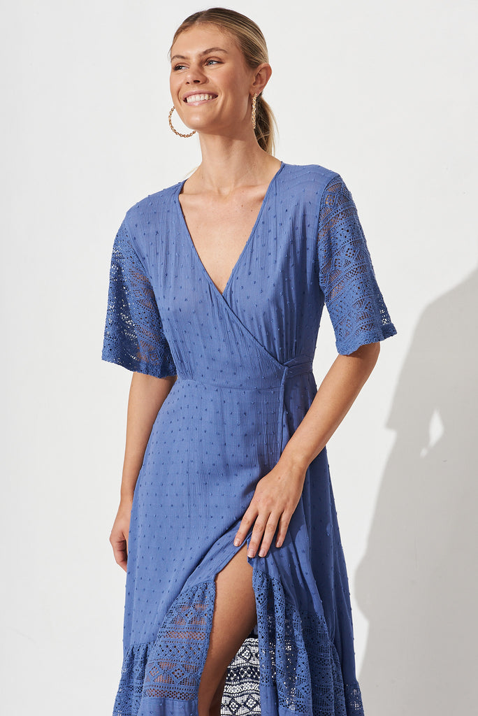 Hanaly Maxi Wrap Dress In Mid Blue Swiss Dot - front