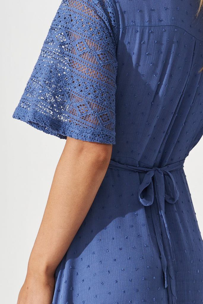 Hanaly Maxi Wrap Dress In Mid Blue Swiss Dot - detail