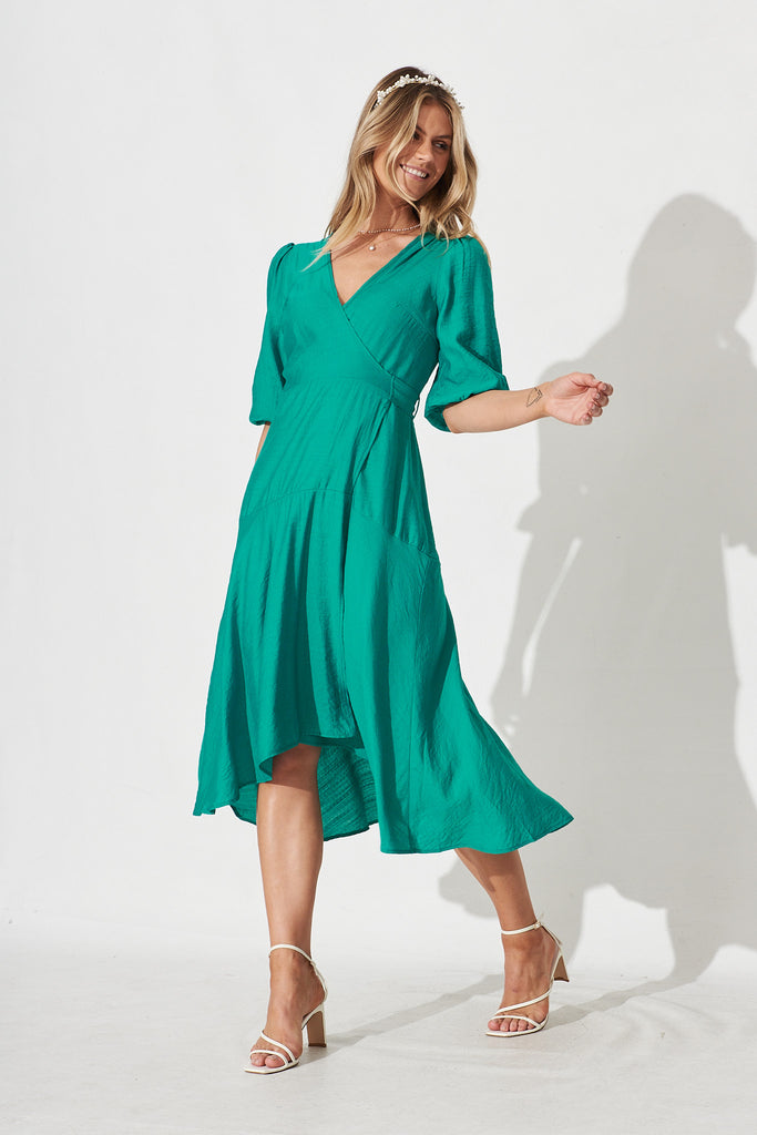 Acacia Wrap Midi Dress In Turquoise - full length