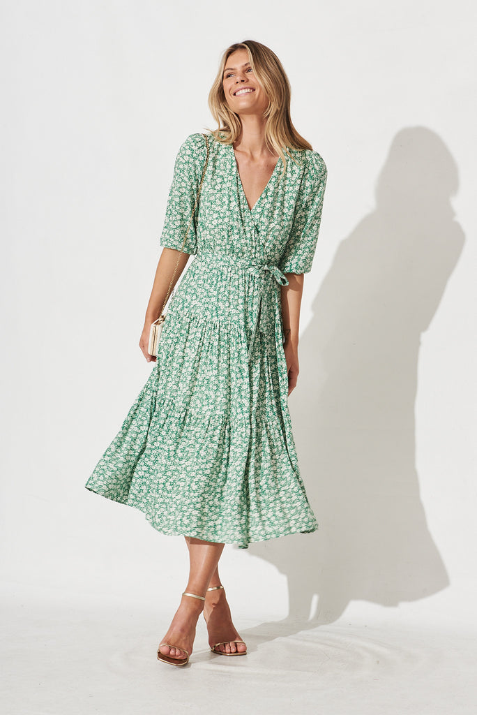 Possy Midi Dress In Green With White Ditsy Floral - full length
