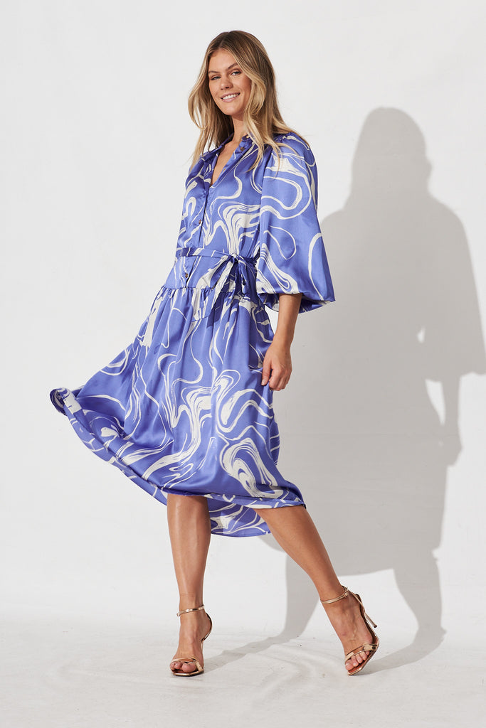 Pippa Maxi Dress In Blue With White Swirl Print Satin - full length