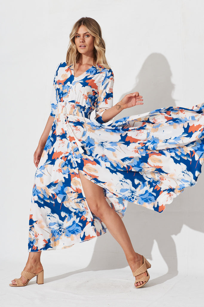 Selena Maxi Dress In Blue With White Floral - full length