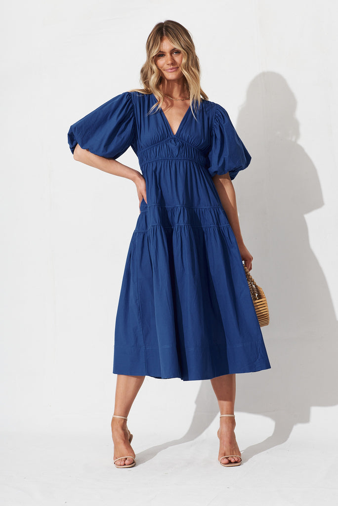 Amalie Midi Dress In Cobalt Cotton - full length