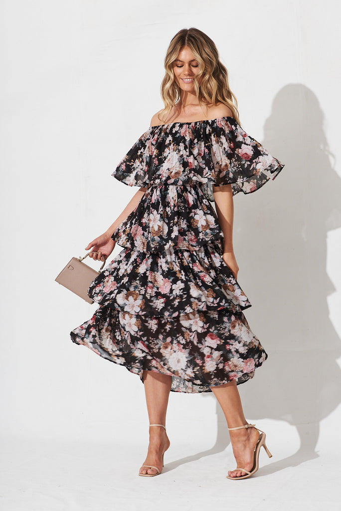 Scarlet Dress In Black With Blush Floral - full length