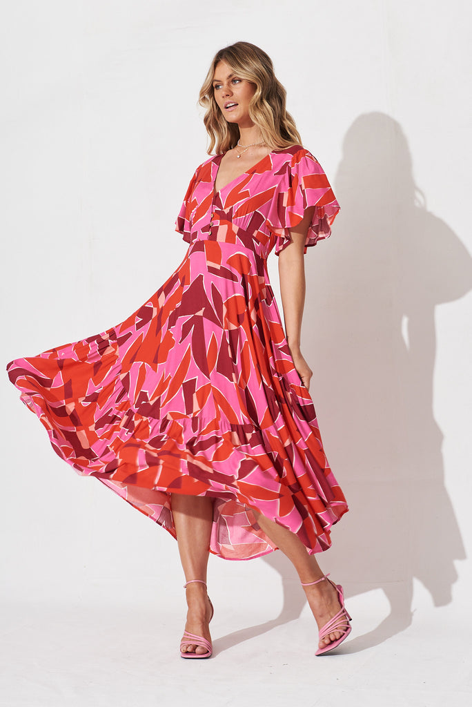 Junipar Midi Dress In Pink Geometric - full length