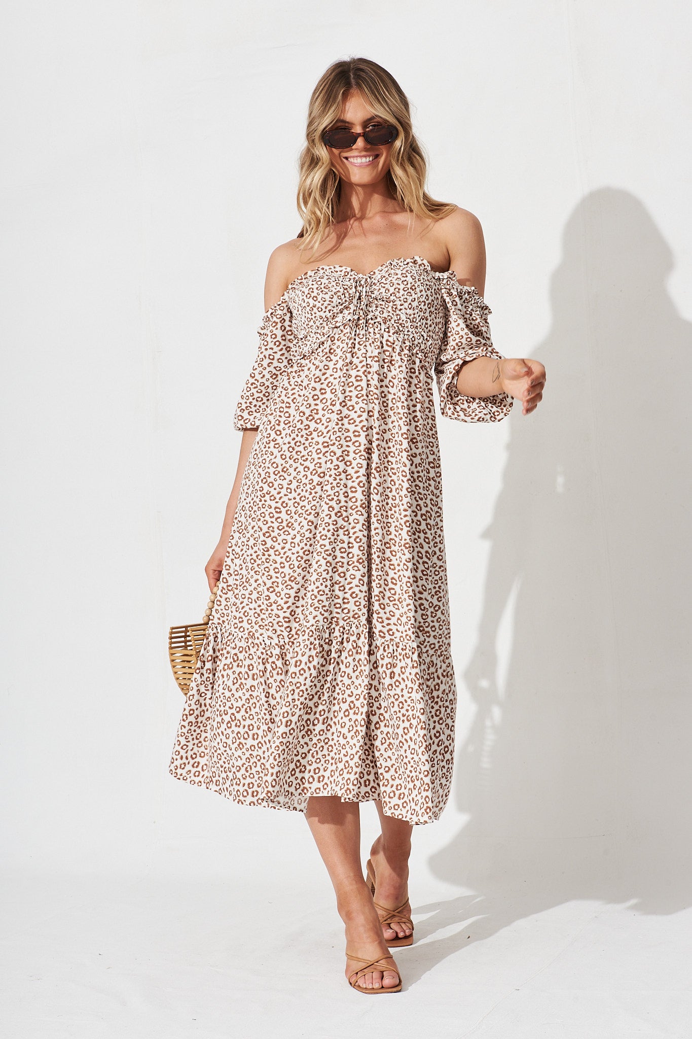 Cindy Maxi Dress In White With Leopard Print - full length