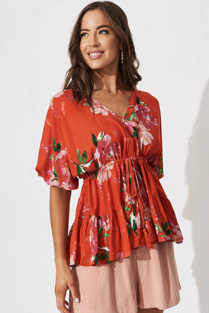 Ellen Top In Red And Pink Floral - front