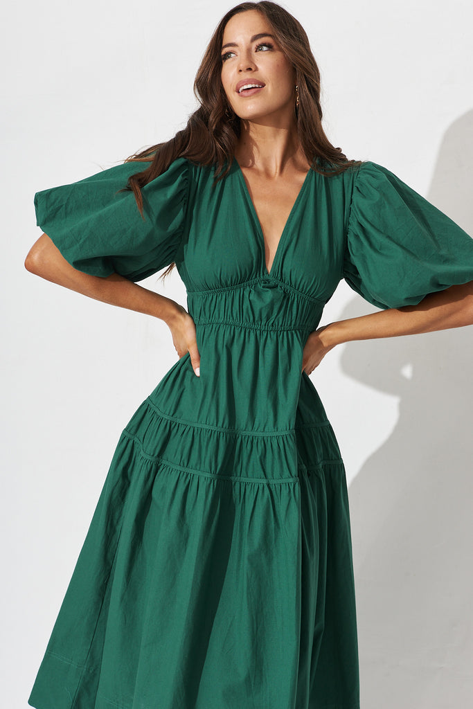 Amalie Midi Dress In Green Cotton - front