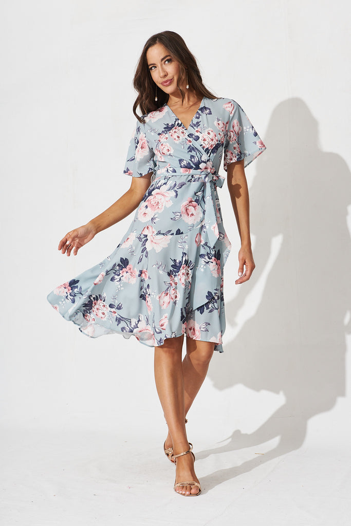Lacey Wrap Dress In Blue With Pink Floral - full length
