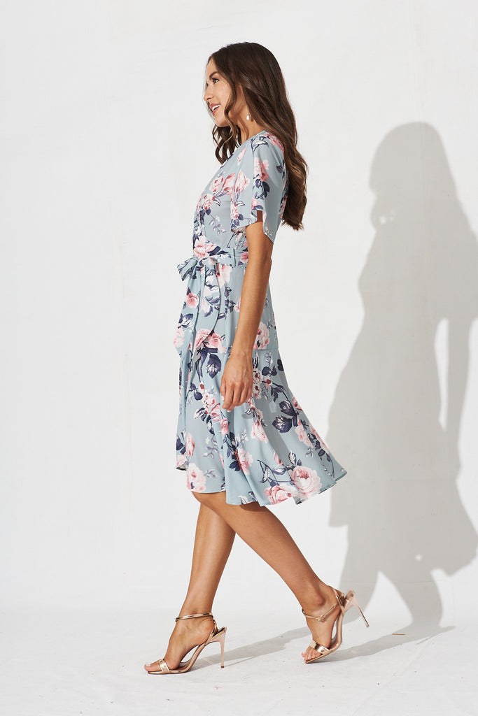 Lacey Wrap Dress In Blue With Pink Floral - side