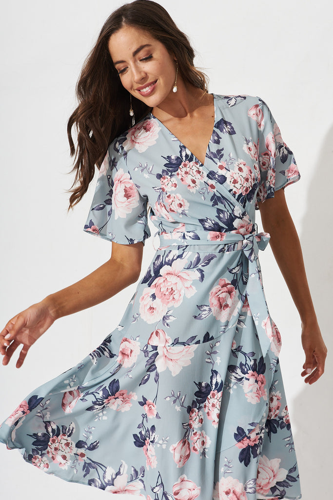 Lacey Wrap Dress In Blue With Pink Floral – St Frock