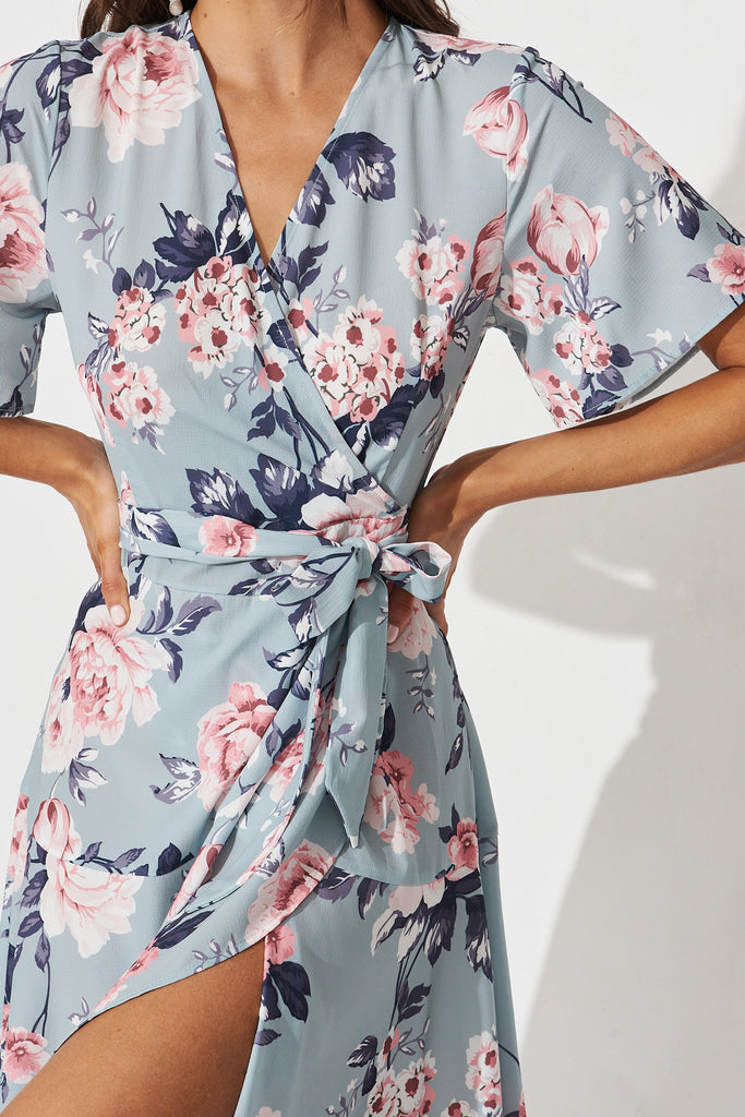 Lacey Wrap Dress In Blue With Pink Floral - detail