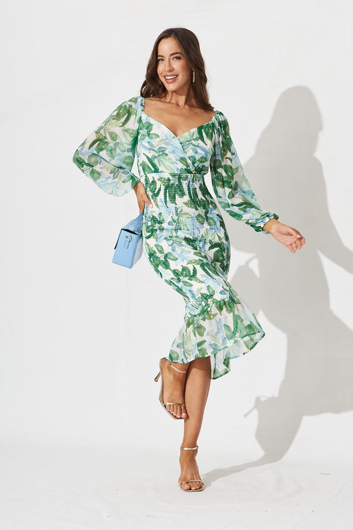 Bernadine Midi Dress In White With Green Floral - full length