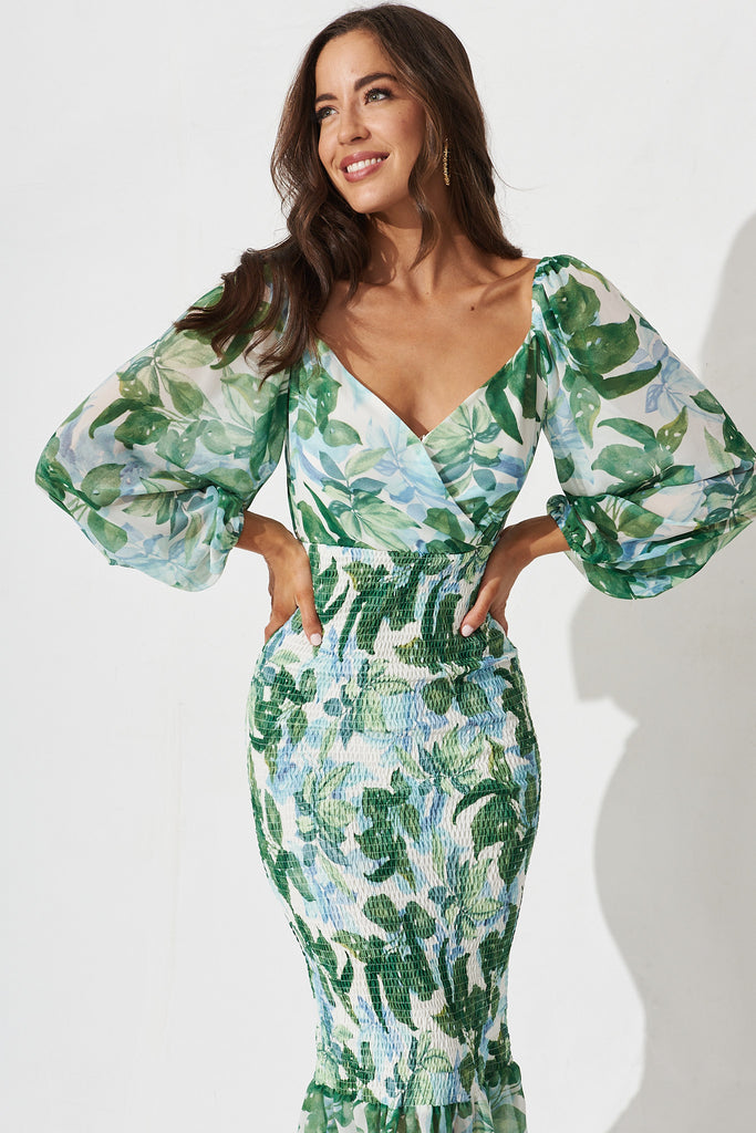 Bernadine Midi Dress In White With Green Floral - front