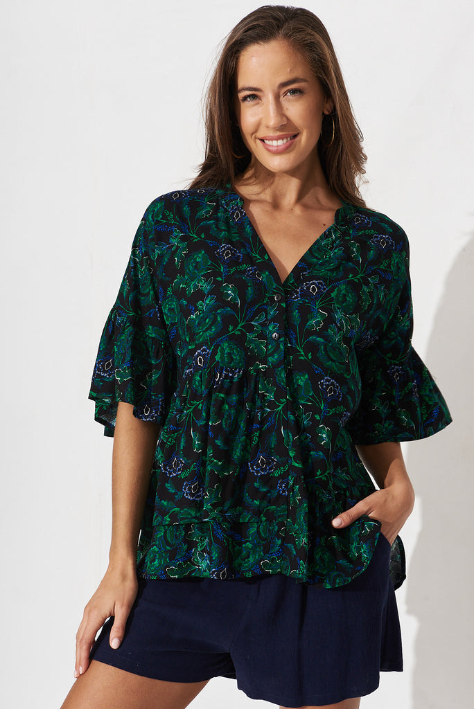 Relia Top In Emerald With Green And Blue Floral - front