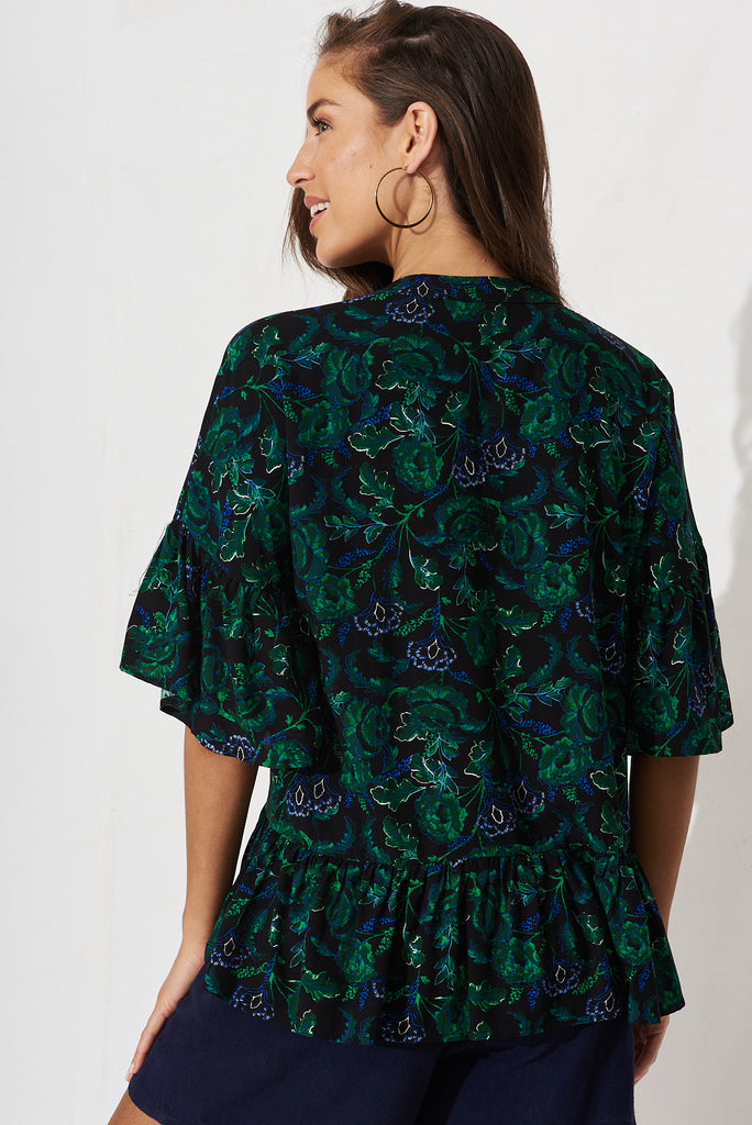 Relia Top In Emerald With Green And Blue Floral - back
