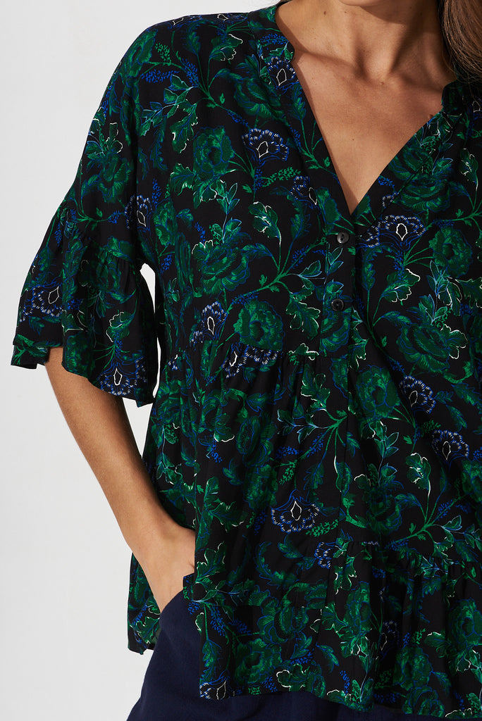 Relia Top In Emerald With Green And Blue Floral - detail