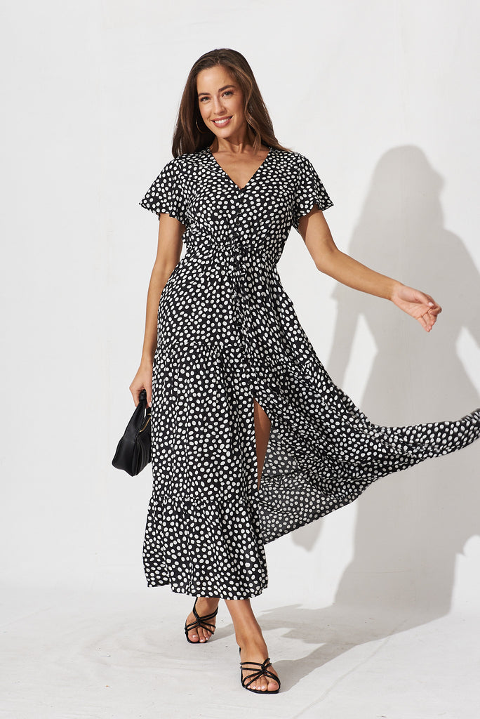 Clairie Maxi Dress In Black With White Polka Dot - full length