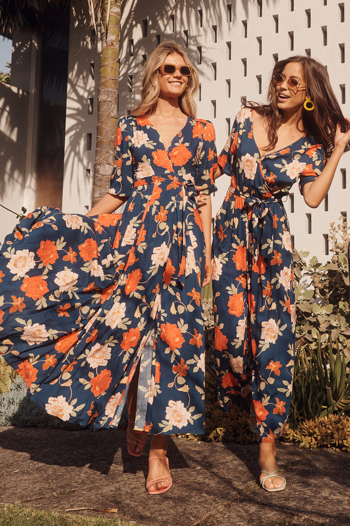 Ronda Wrap Maxi Dress In Navy And Pink Floral