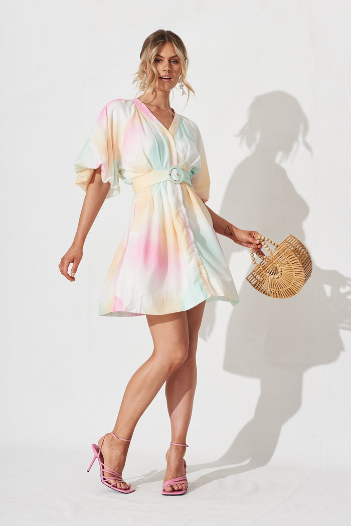 Teagan Dress In White With Multi Watercolour - full length