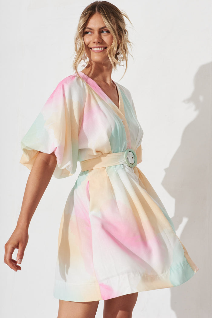 Teagan Dress In White With Multi Watercolour - front