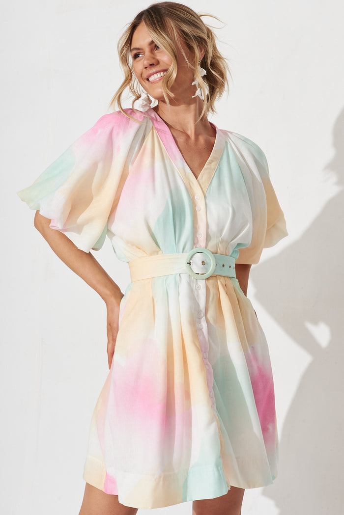 Teagan Dress In White With Multi Watercolour - front