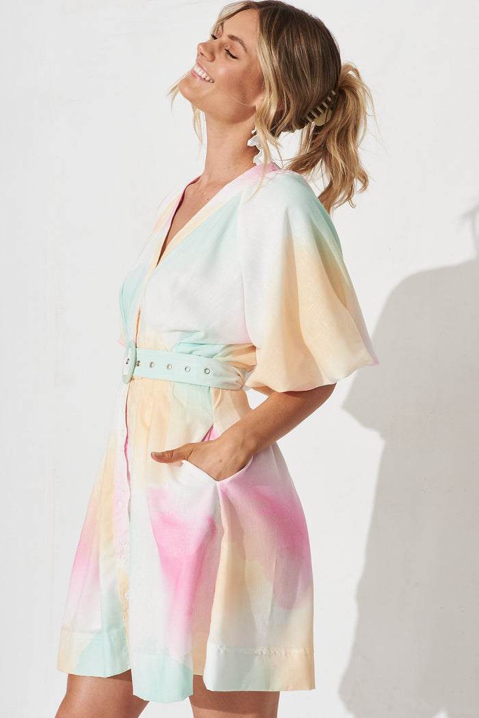 Teagan Dress In White With Multi Watercolour - side