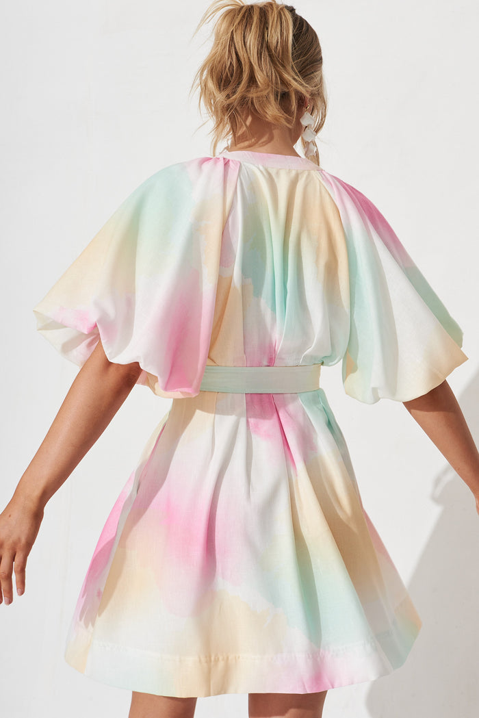 Teagan Dress In White With Multi Watercolour - back
