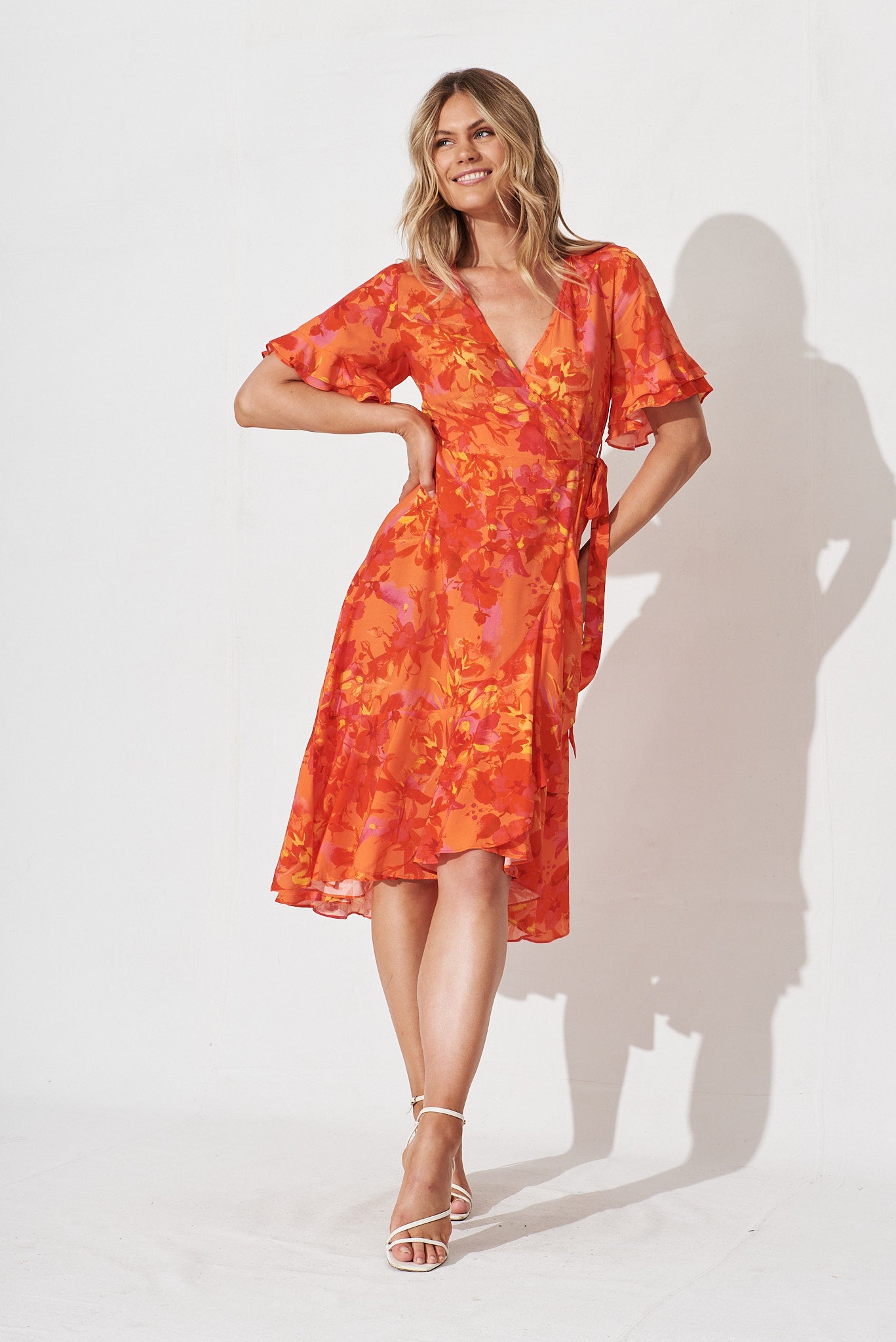 Felicidad Midi Wrap Dress In Red And Coral Floral - full length