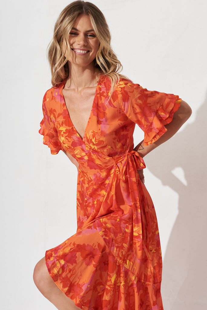 Felicidad Midi Wrap Dress In Red And Coral Floral - front