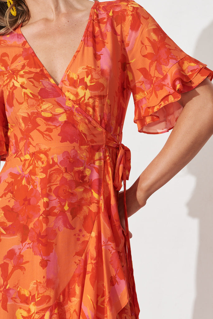 Felicidad Midi Wrap Dress In Red And Coral Floral - detail