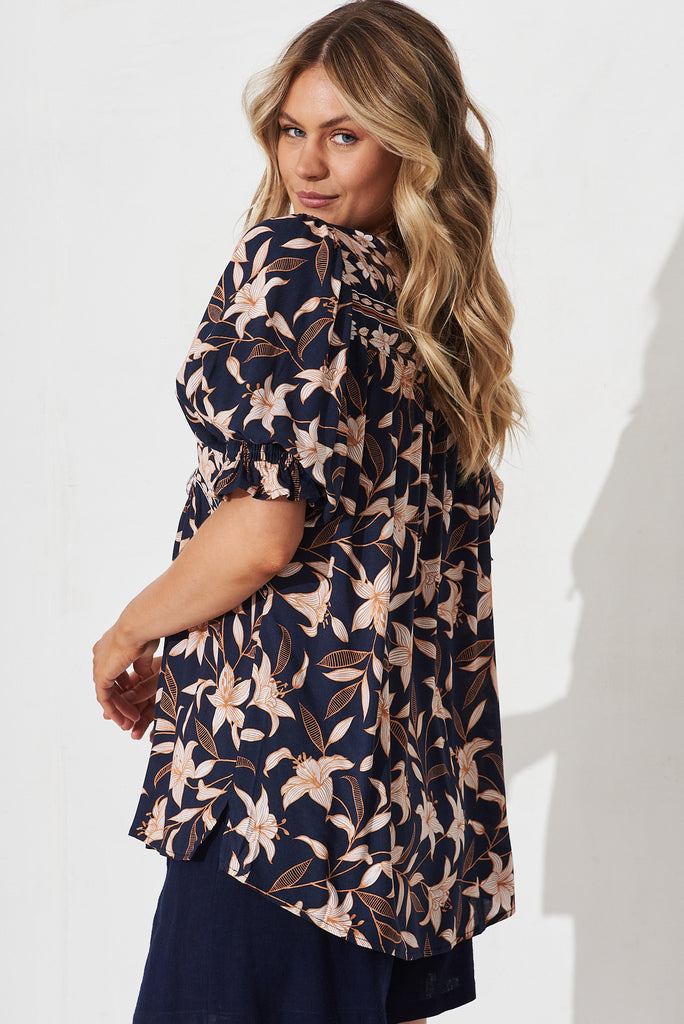 Anila Top In Navy With Blush Boho Floral - side