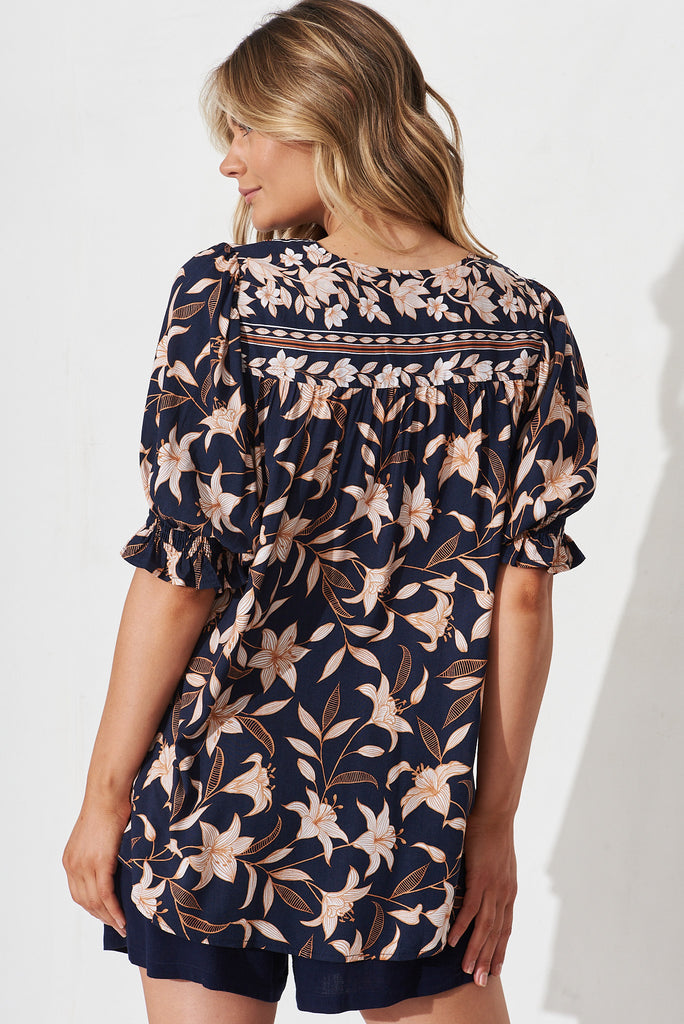 Anila Top In Navy With Blush Boho Floral - back