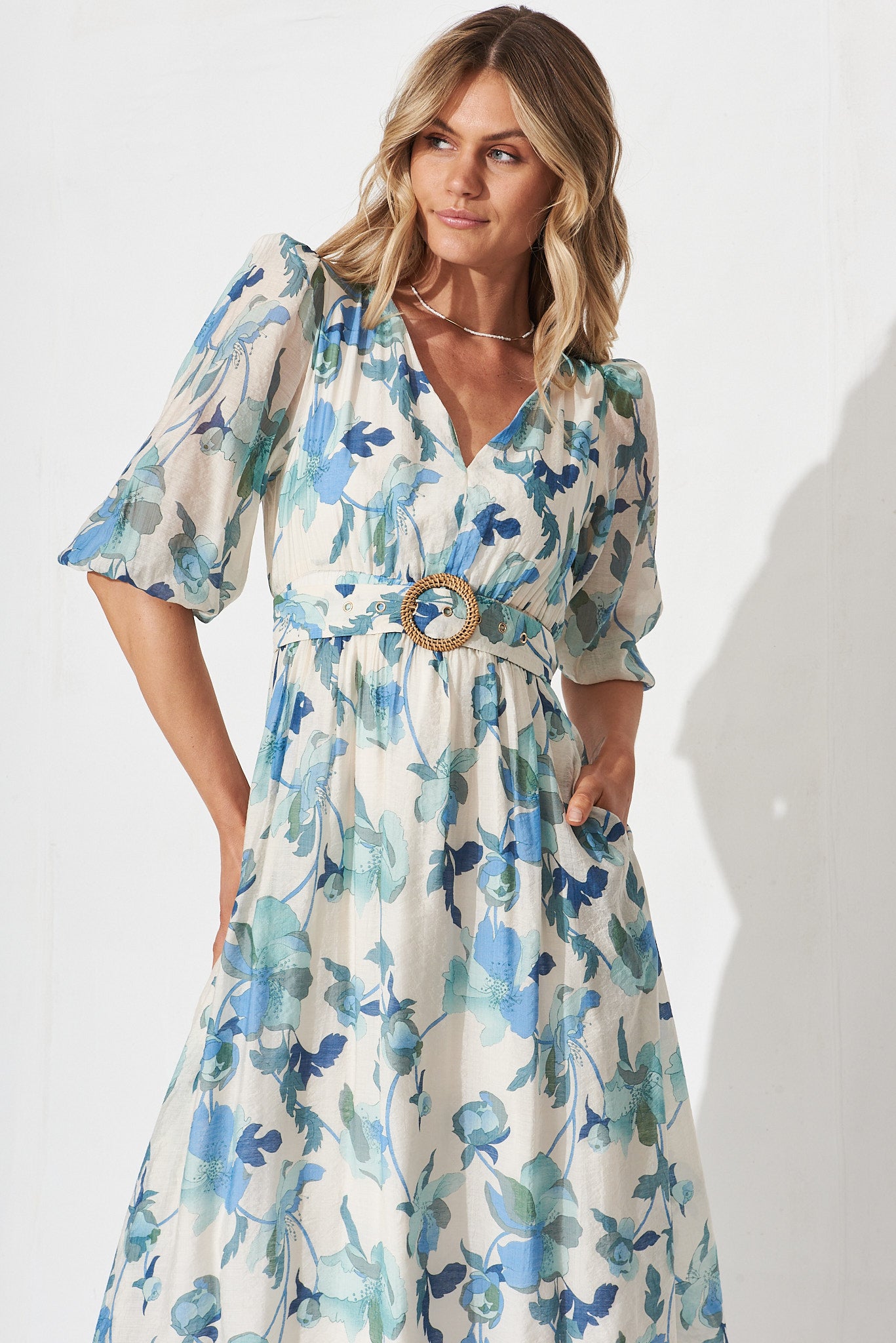 Adrina Maxi Dress In White With Blue Floral – St Frock