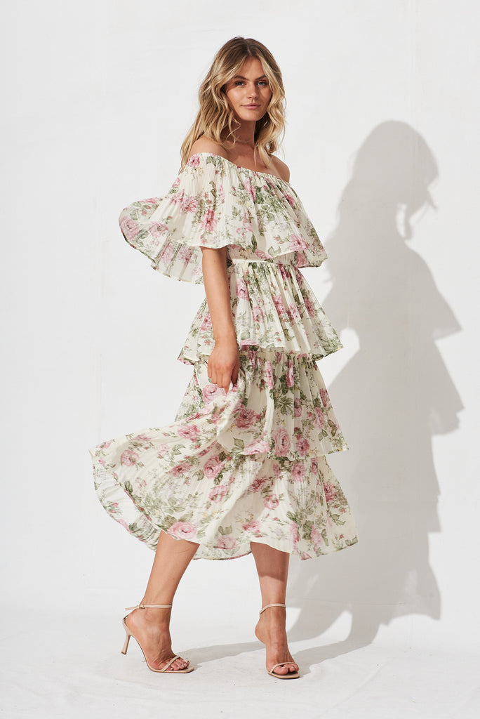 Scarlet Midi Dress In White With Pink Floral Chiffon - full length