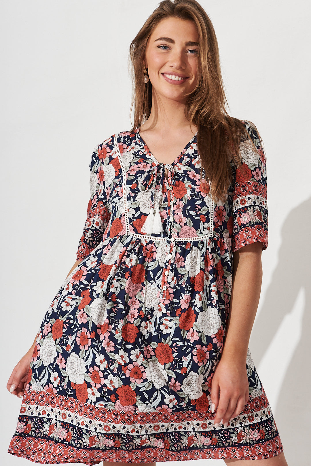 Shake It Out Dress In Navy With Red Floral – St Frock