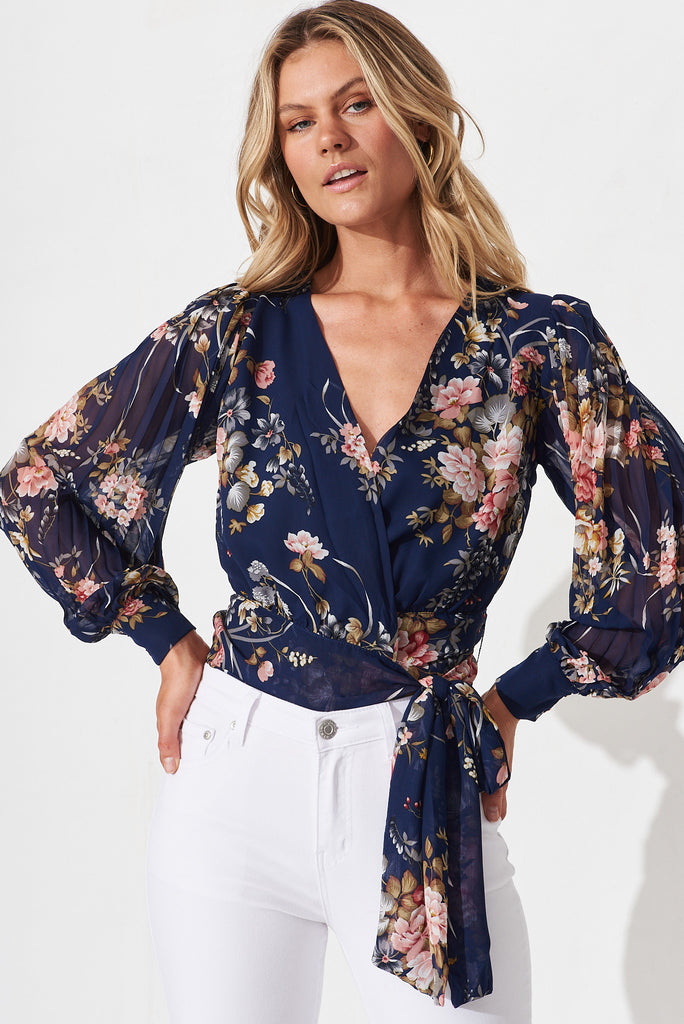 Gaya Wrap Top In Navy With Blush Floral Chiffon - front