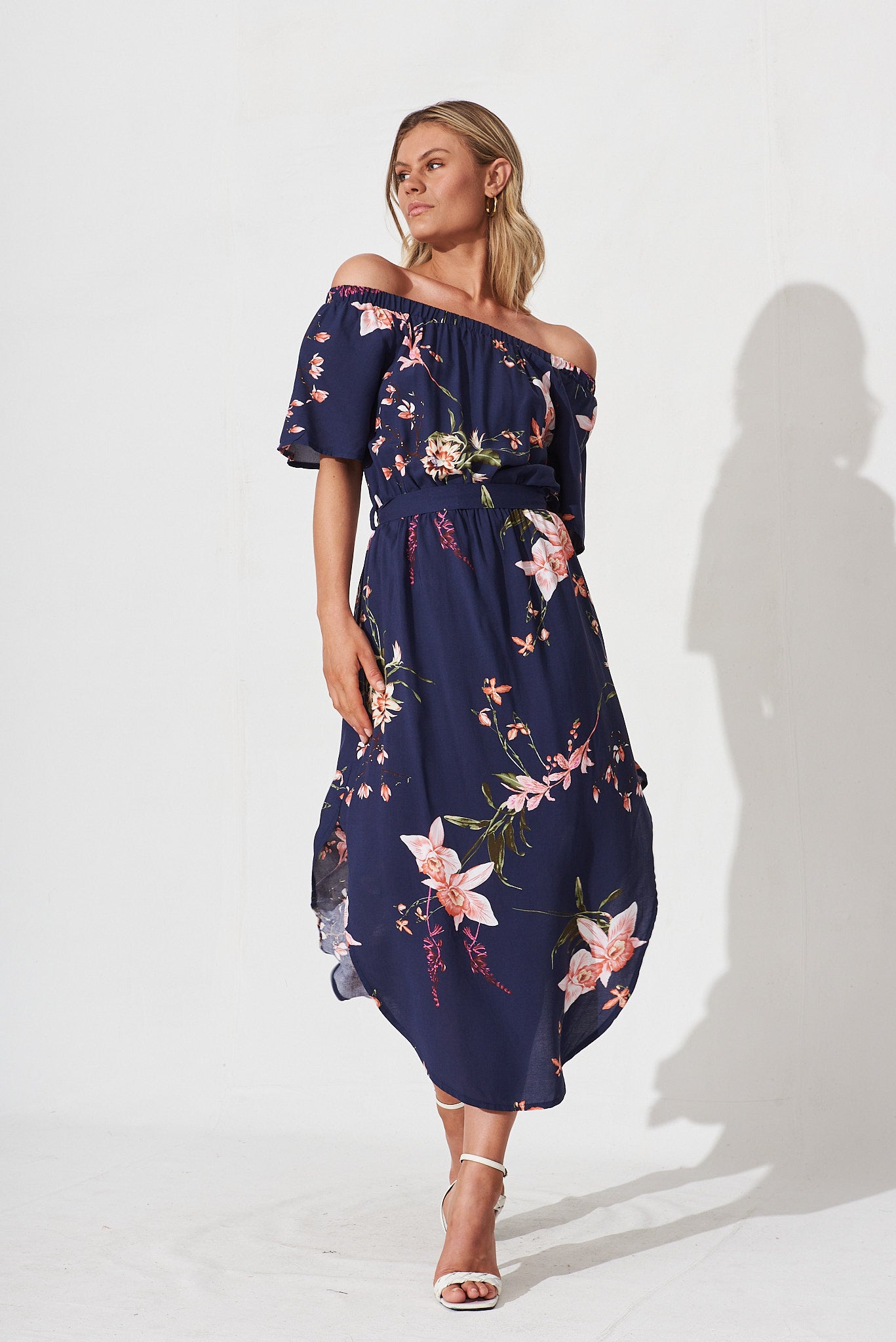 Hummingbird Dress In Navy With Apricot Floral - full length