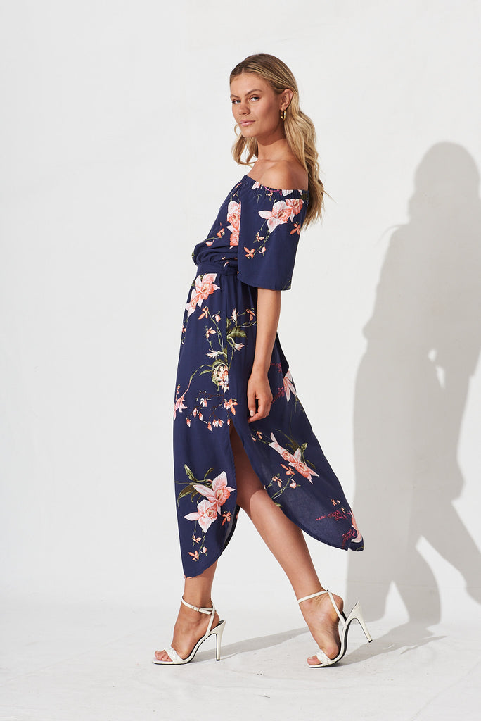Hummingbird Dress In Navy With Apricot Floral - side