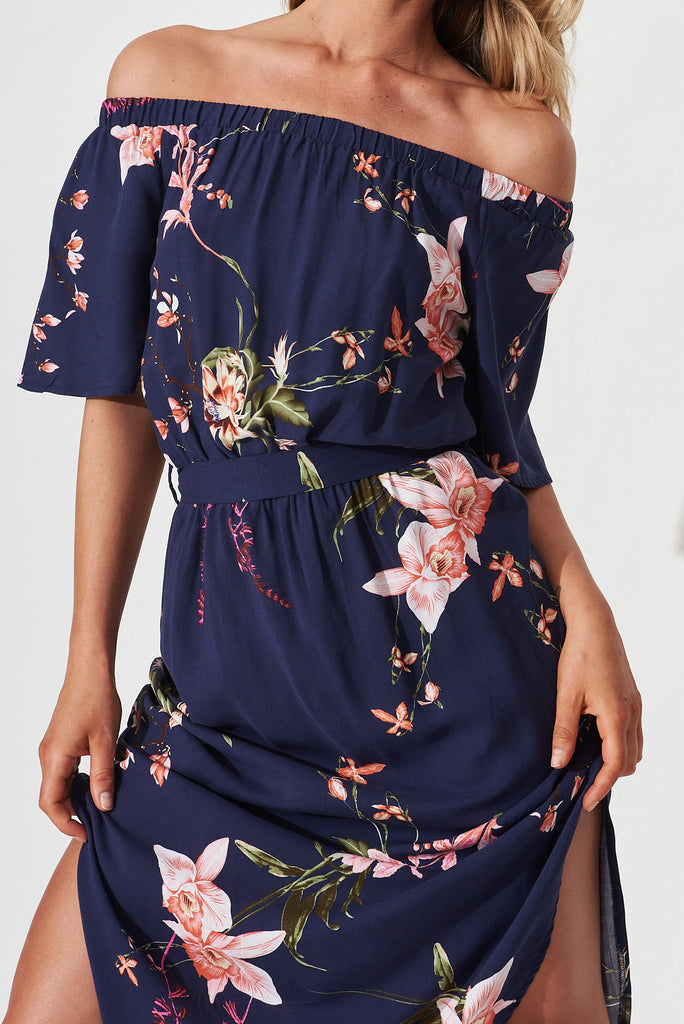 Hummingbird Dress In Navy With Apricot Floral - detail