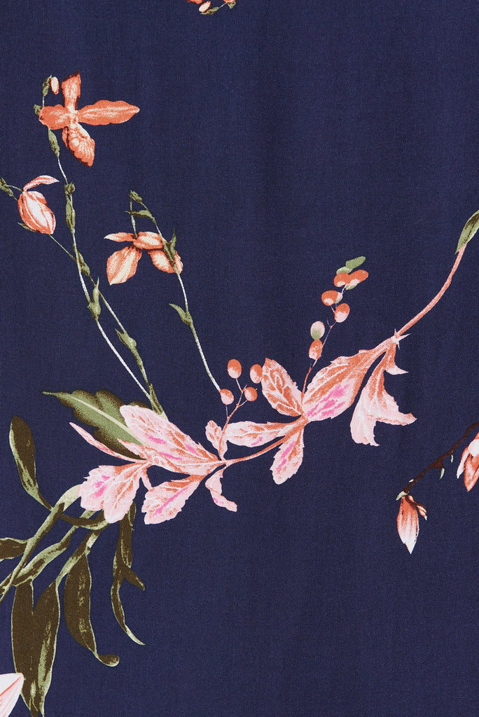 Hummingbird Dress In Navy With Apricot Floral - fabric