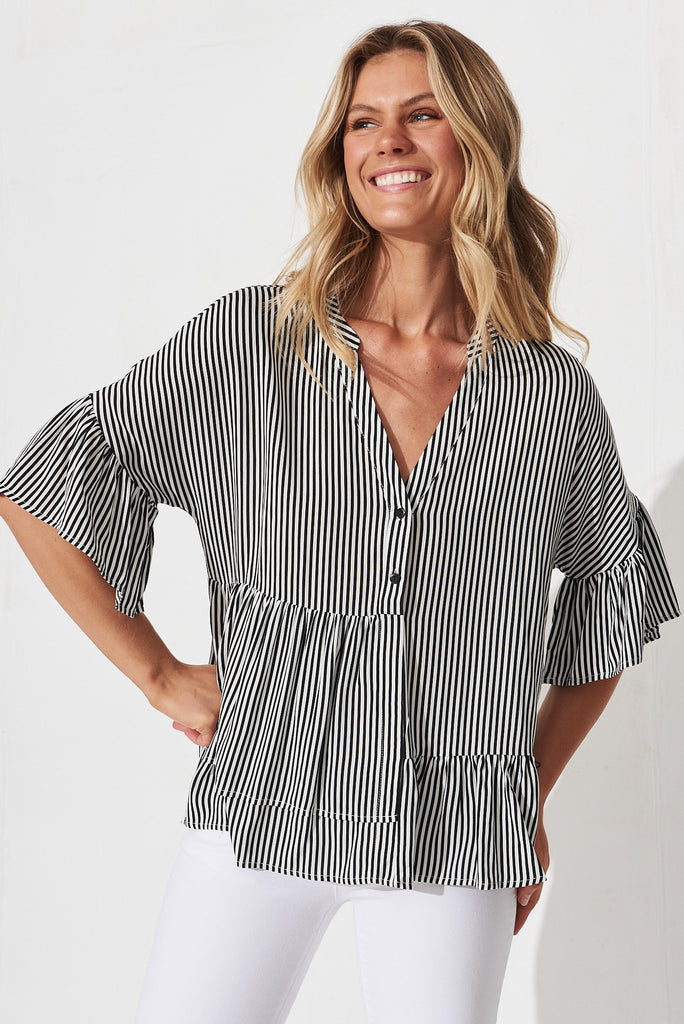 Relia Top In Black With White Stripe - front