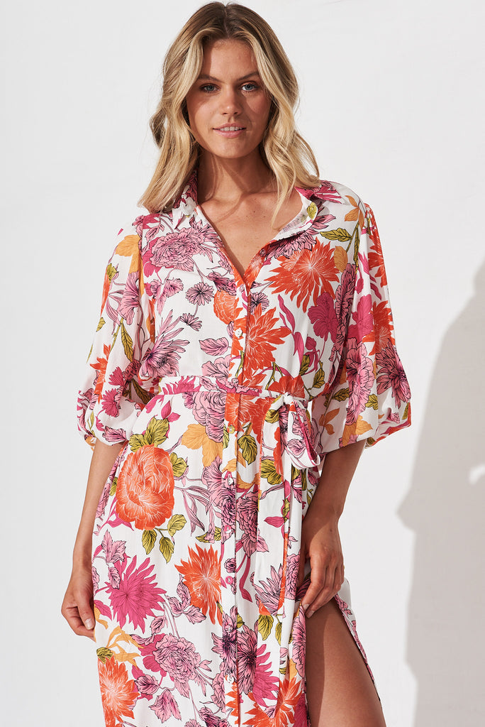 Francy Midi Shirt Dress In Orange And Pink Floral - front