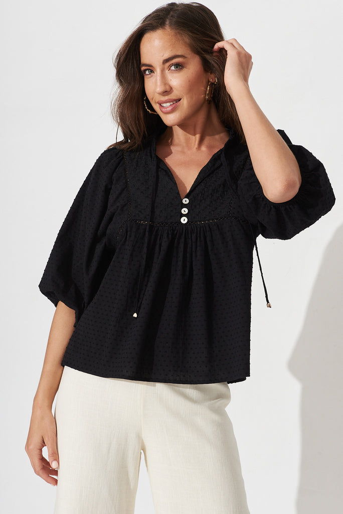 Enchantment Top In Black Cotton Swiss Dot - front