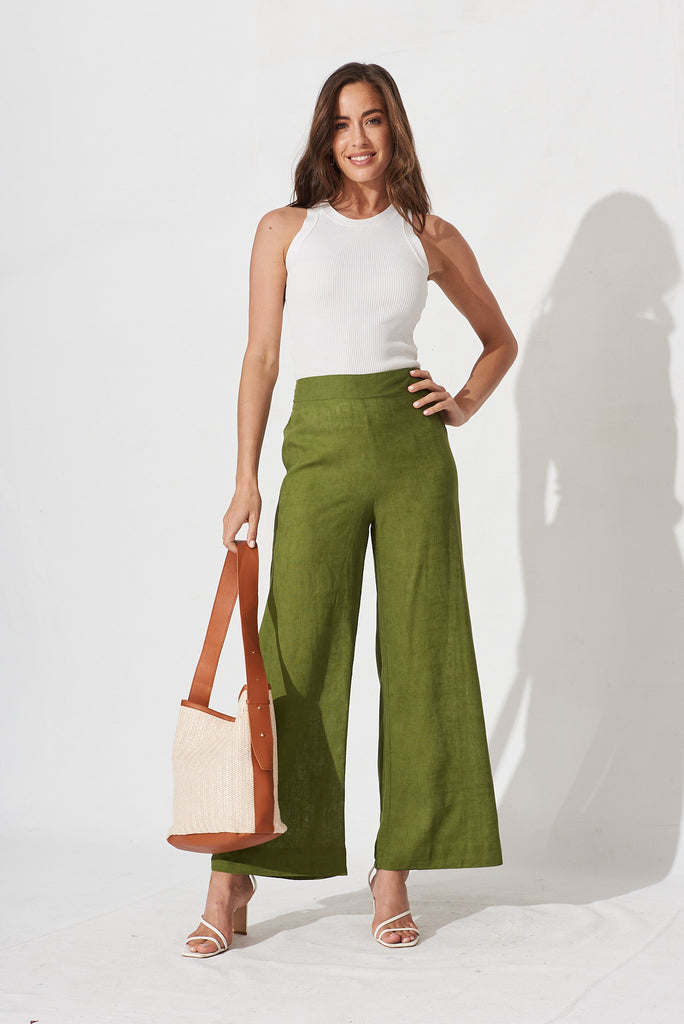 Amalia Pants In Olive Green Linen Blend - full length