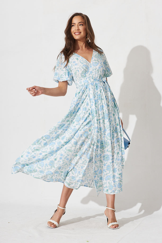 Gillie Maxi Wrap Dress In White With Blue Floral - full length