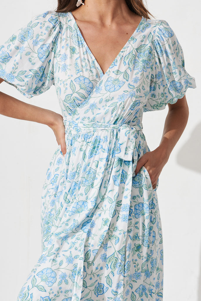 Gillie Maxi Wrap Dress In White With Blue Floral - detail
